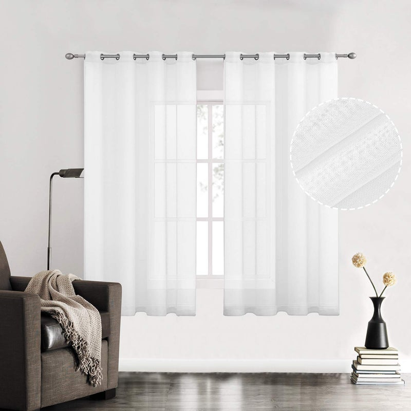 July Joy White Semi Linen Look Sheer Curtains for Bedroom, Living Room Grommet Light Filtering Solid Voile Window Curtains, Set of 2 Panels, 52 x 63 inch - Image 1